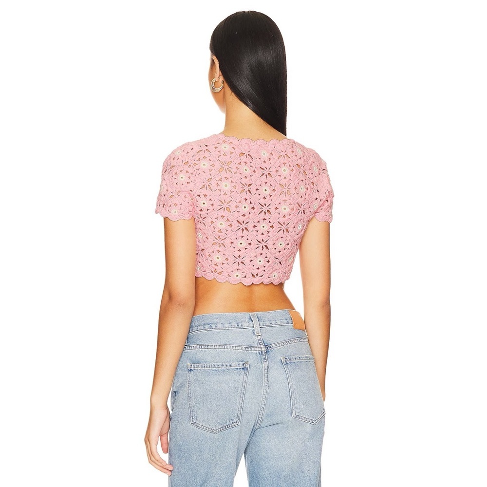 NWOT Lovers & Friends Delilah Wildflower Crochet Cardi Knit Crop in Light Pink - Picture 3 of 8